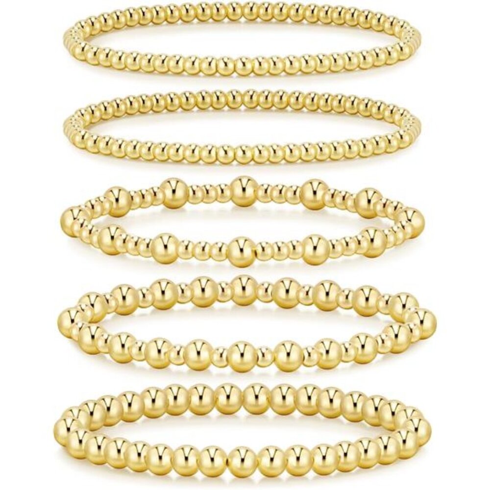 14K Gold Plated Beaded Bracelets – Stretch, Adjustable, Stackable Set